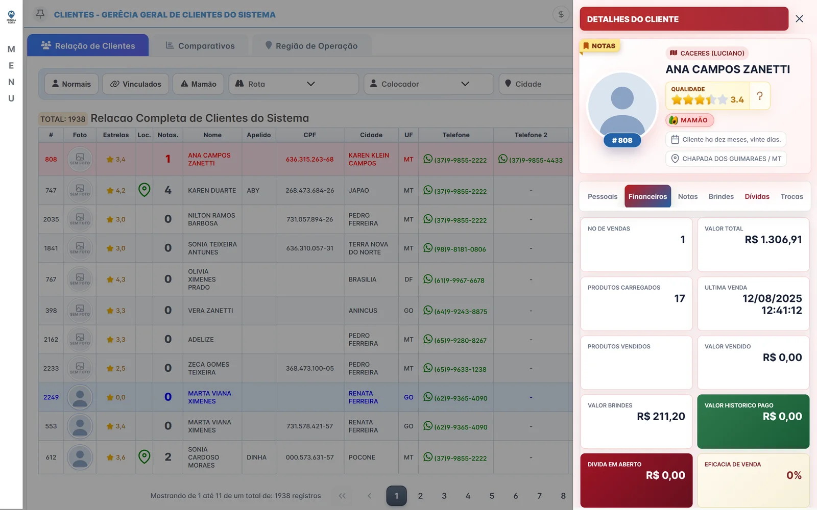 Aba financeiros do painel de detalhes do cliente com os cartões de indicadores