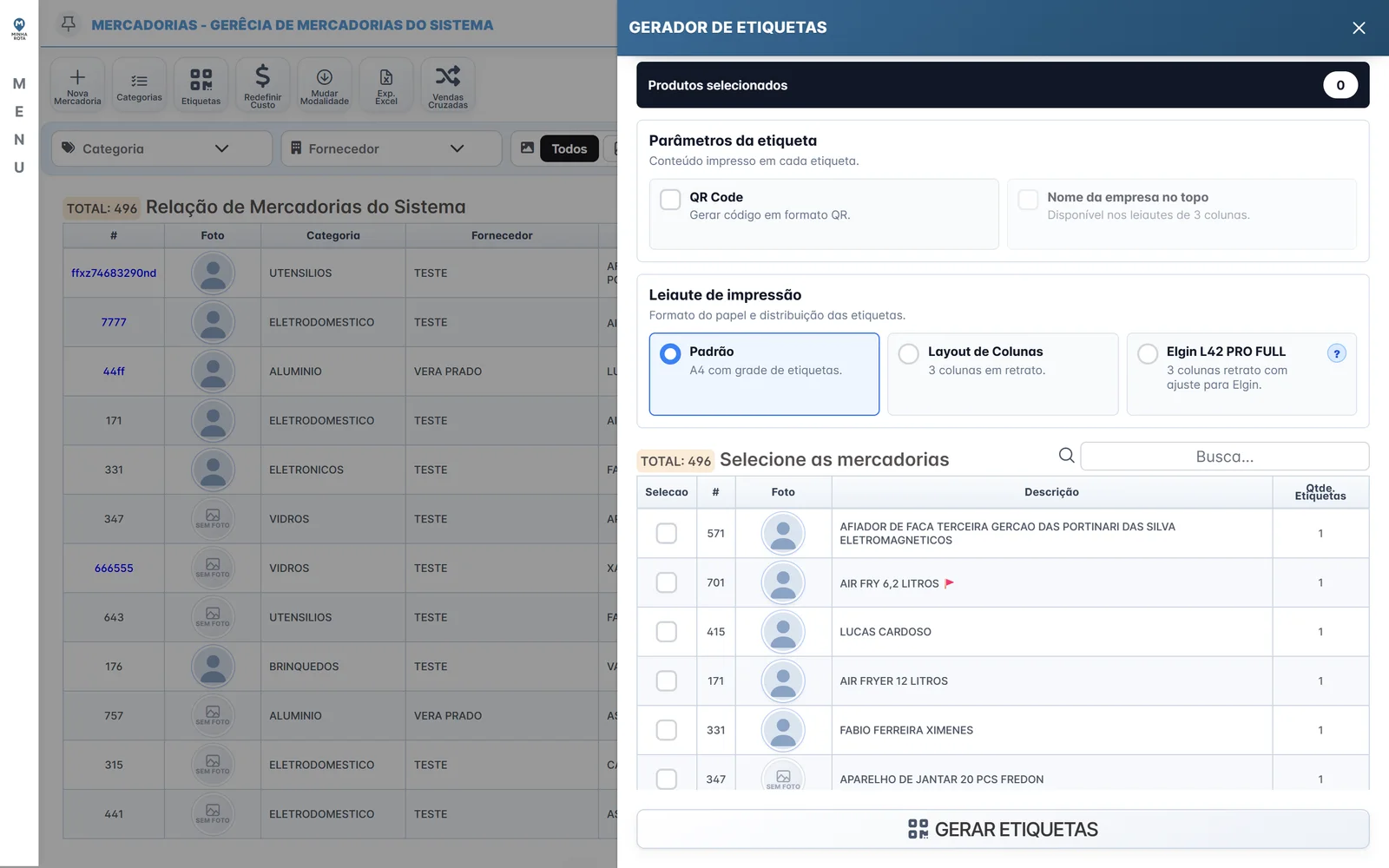 Painel do gerador de etiquetas do Minha Rota com seleção de produtos, parâmetros e leiautes de impressão