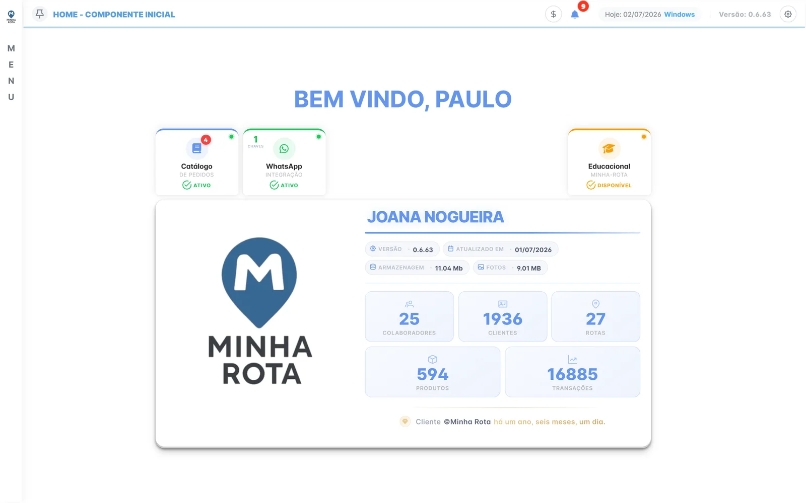 Tela inicial do administrativo do Minha Rota com resumo da conta, módulos ativos e estatísticas