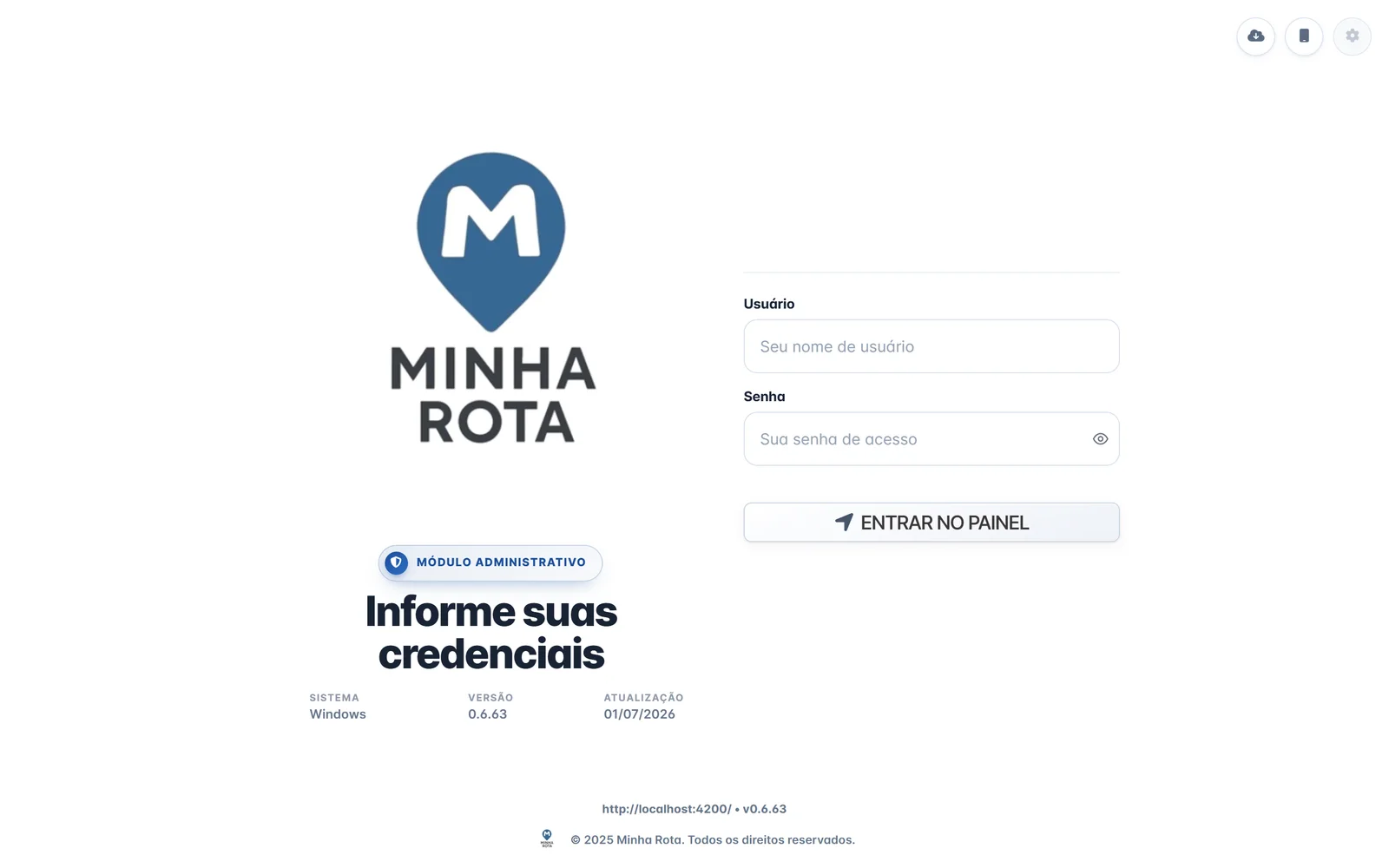 Tela de login do módulo administrativo do Minha Rota, com campos de usuário e senha