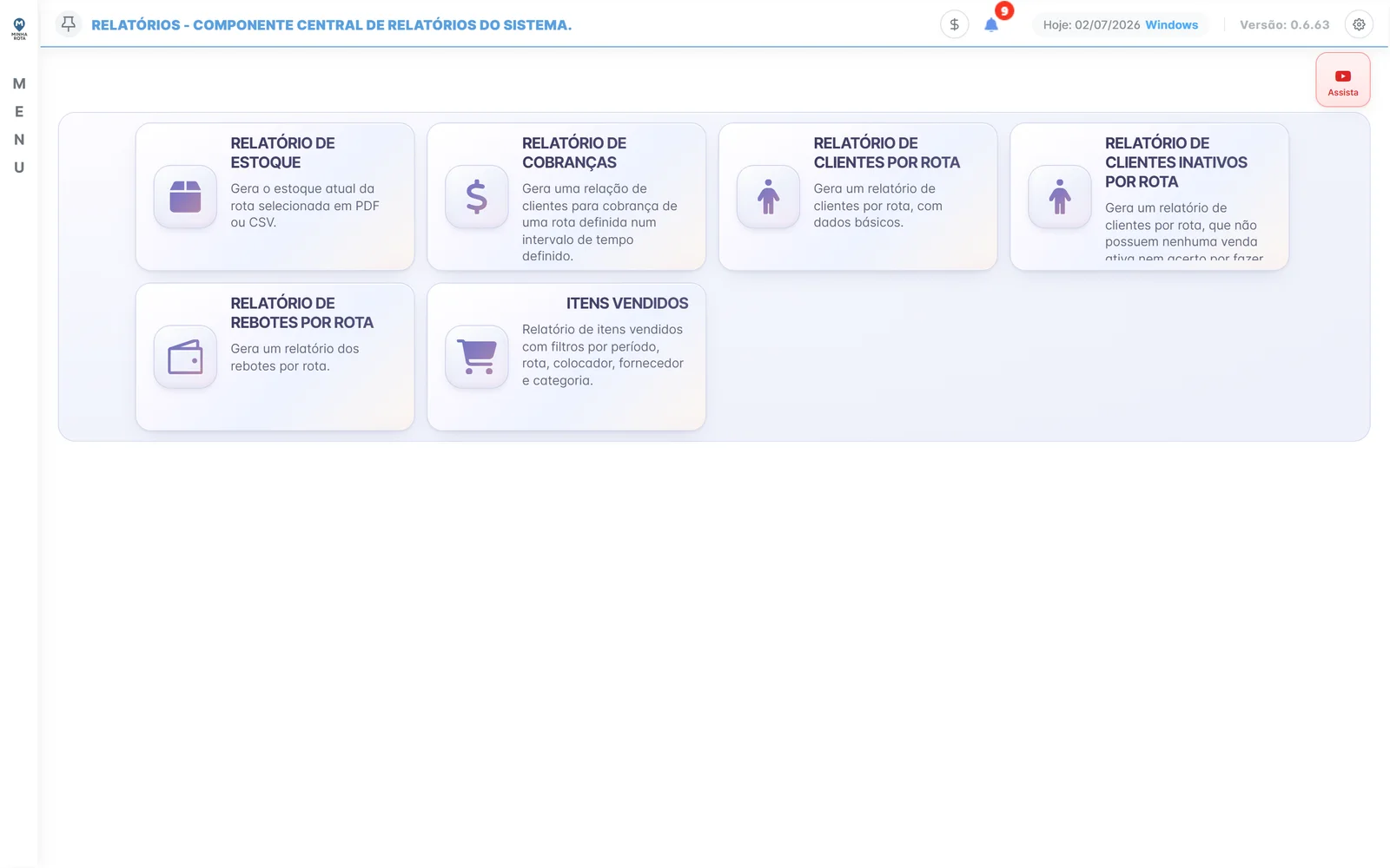 Central de relatórios do Minha Rota com os cards de cada relatório disponível
