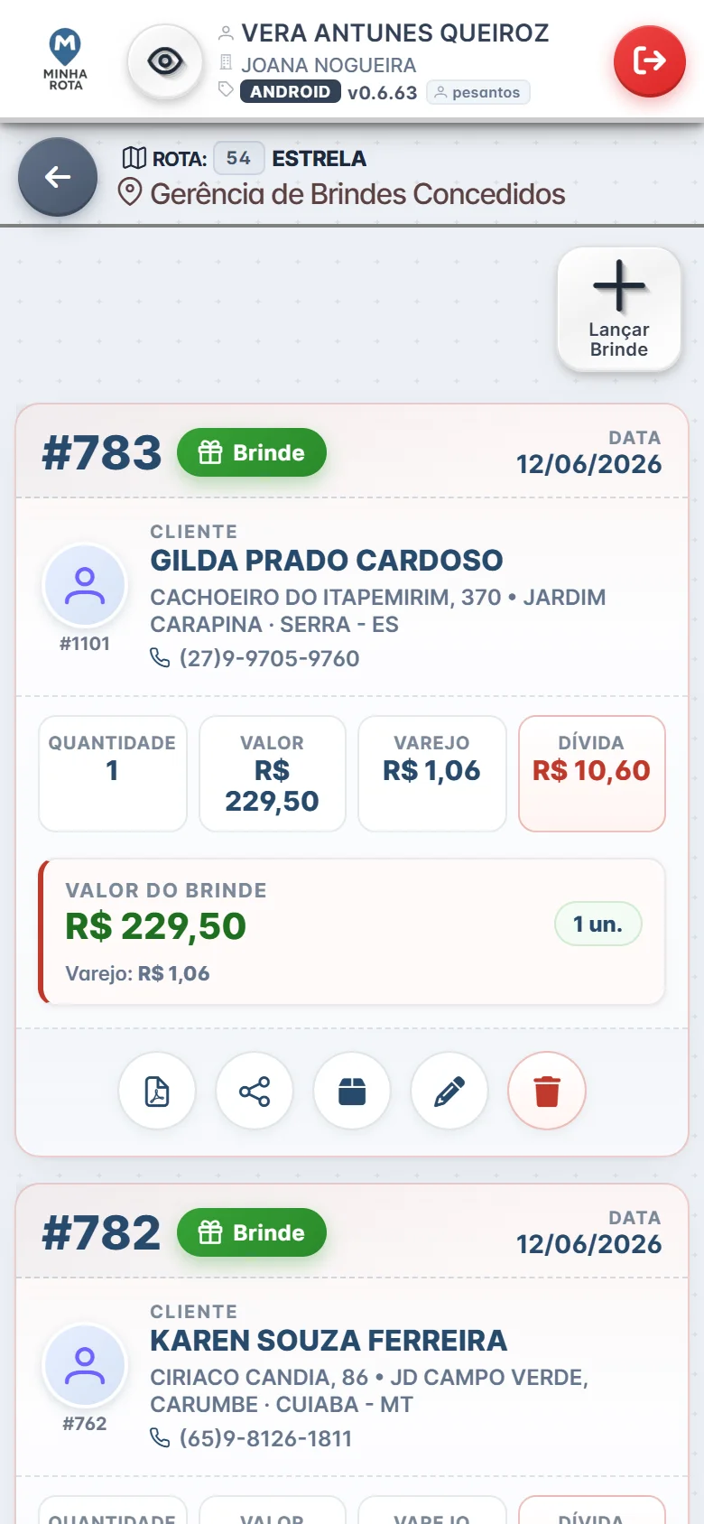 Tela de brindes do app do colocador do Minha Rota