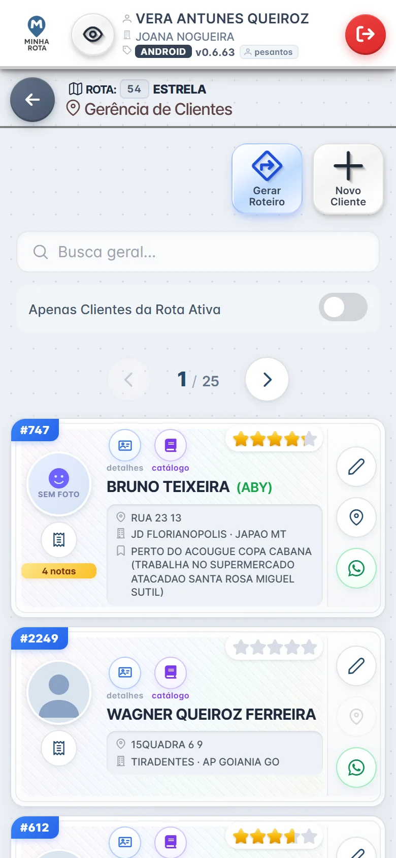 Tela de clientes da rota no app do colocador do Minha Rota