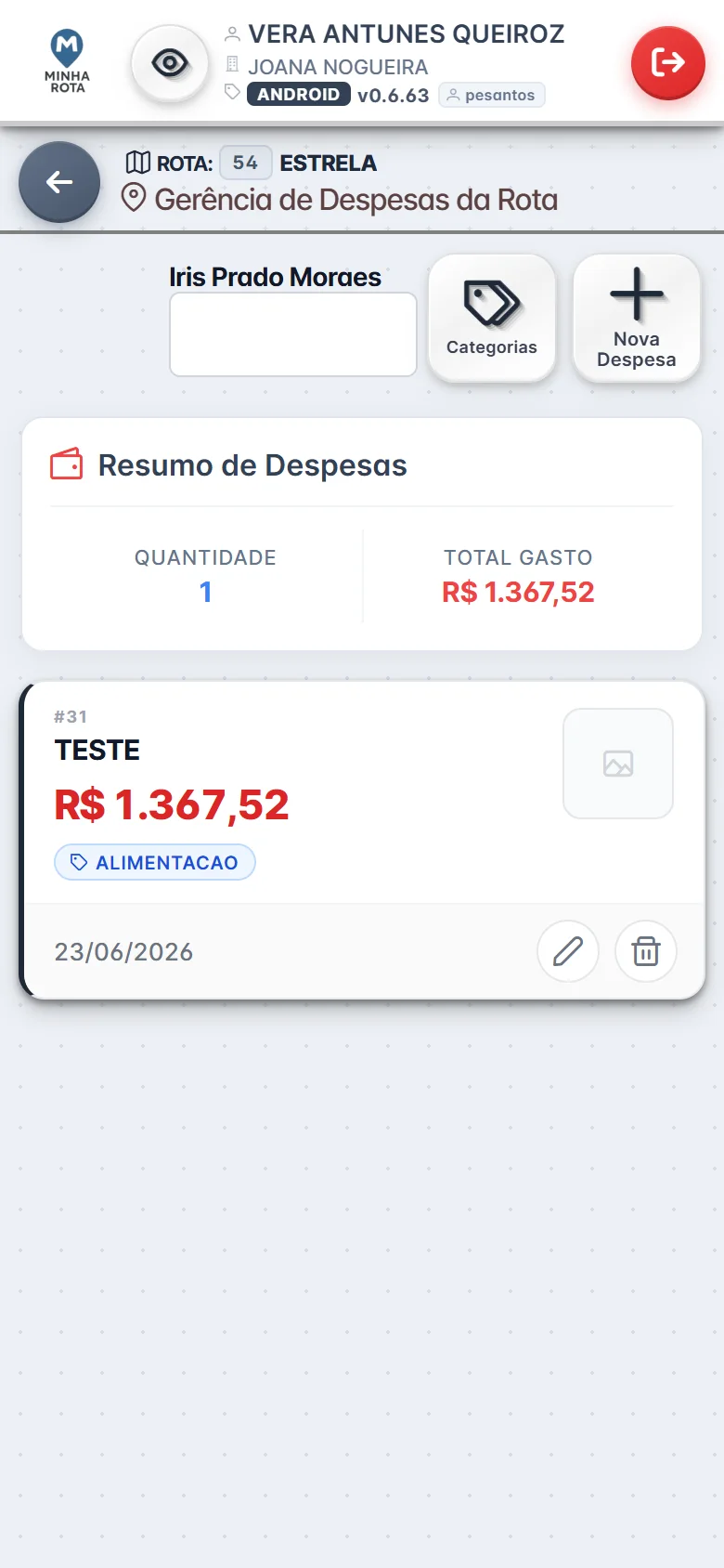 Tela de lançamento de despesas no app do colocador do Minha Rota
