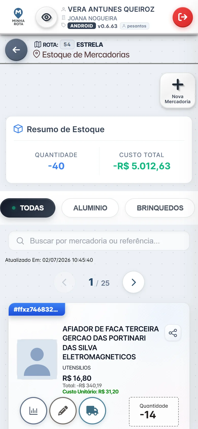 Tela de visualização de estoque da rota no app do colocador do Minha Rota