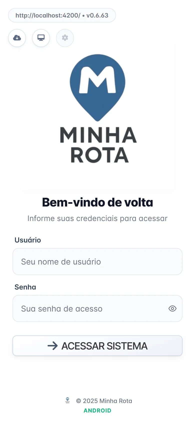 Tela de login do app do colocador do Minha Rota em um celular
