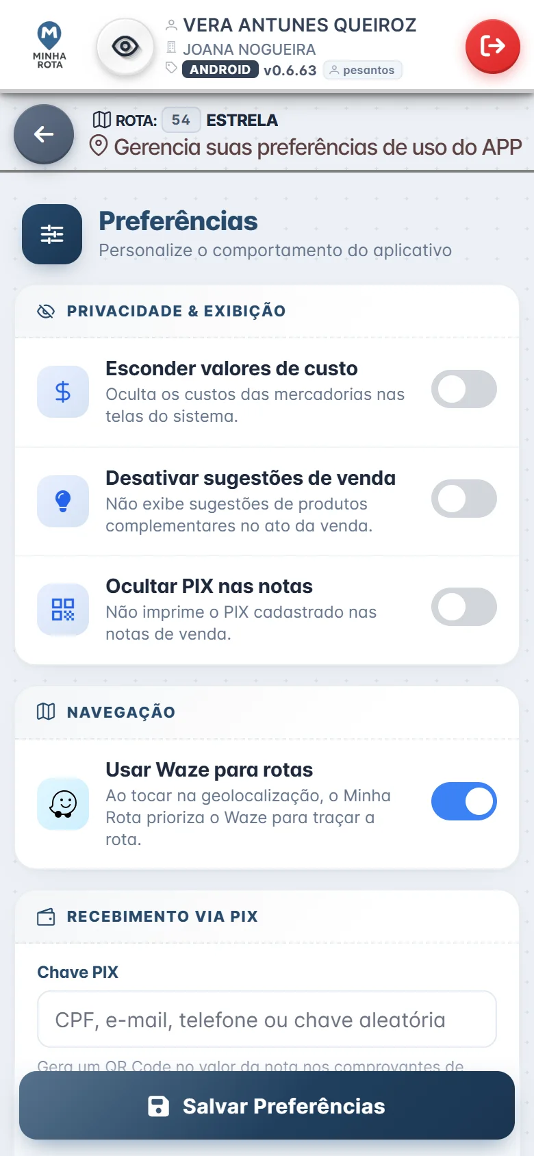 Tela de preferências do app do colocador do Minha Rota